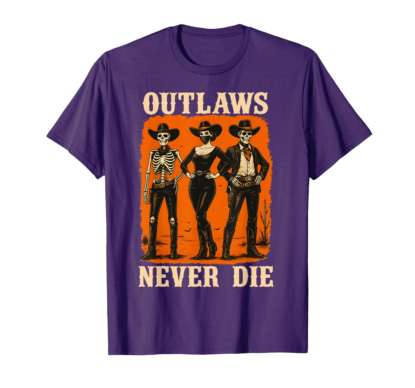 Outlaws Never Die Gothic Western Skeleton Halloween Cowboy T-Shirt