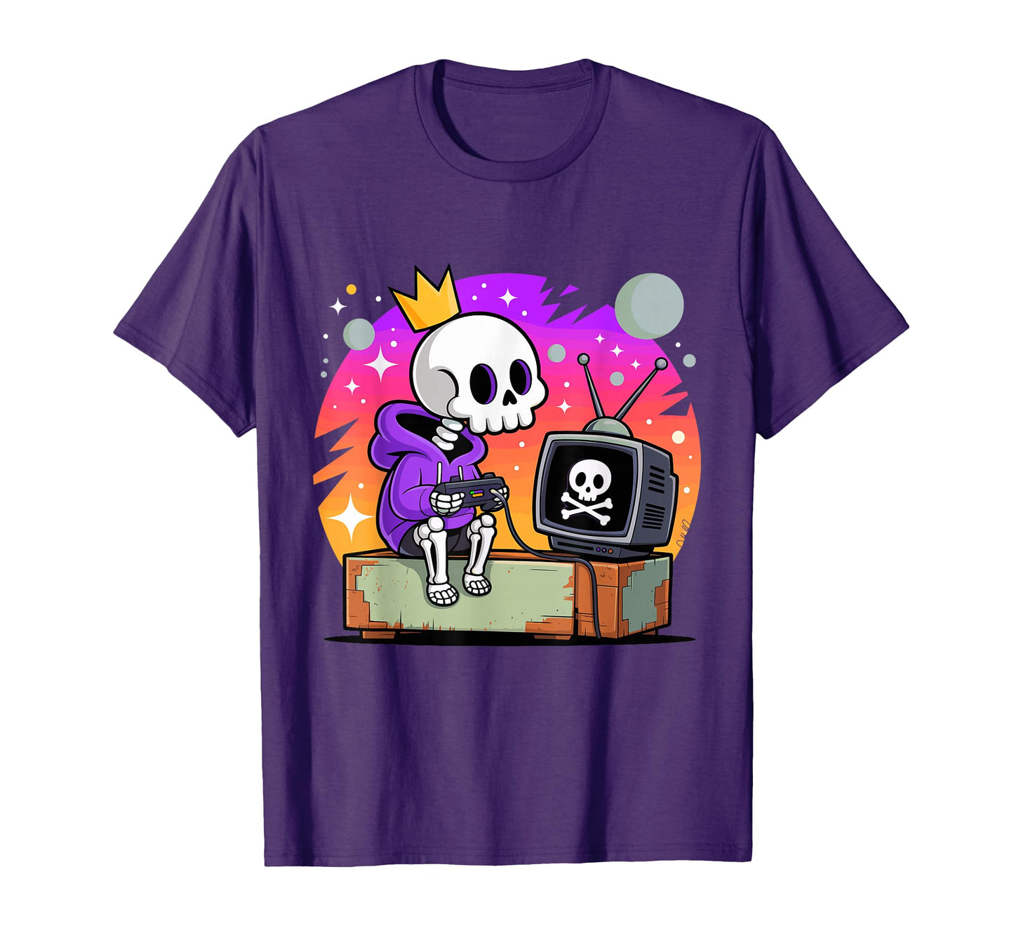 Skeleton Gamer Skull Crown Halloween Vibe Graphic T-Shirt
