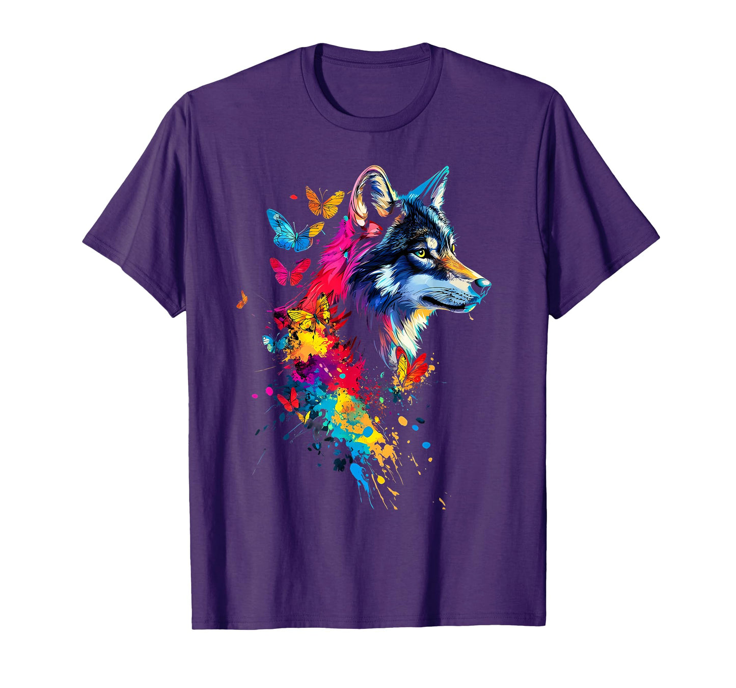 Wolf Colorful Butterflies Art T-Shirt