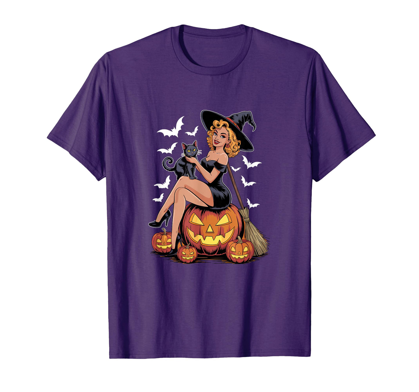 Witch On Horror Carved Pumpkins with Cat Halloween Women T-Shirt
