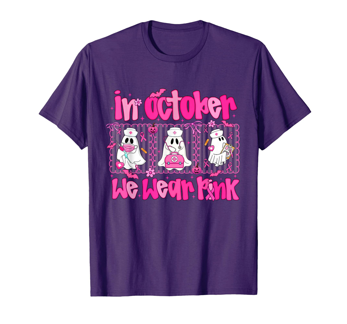 In October We Wear Pink Nurse Ghost Halloween Breast Cancer T-Shirt