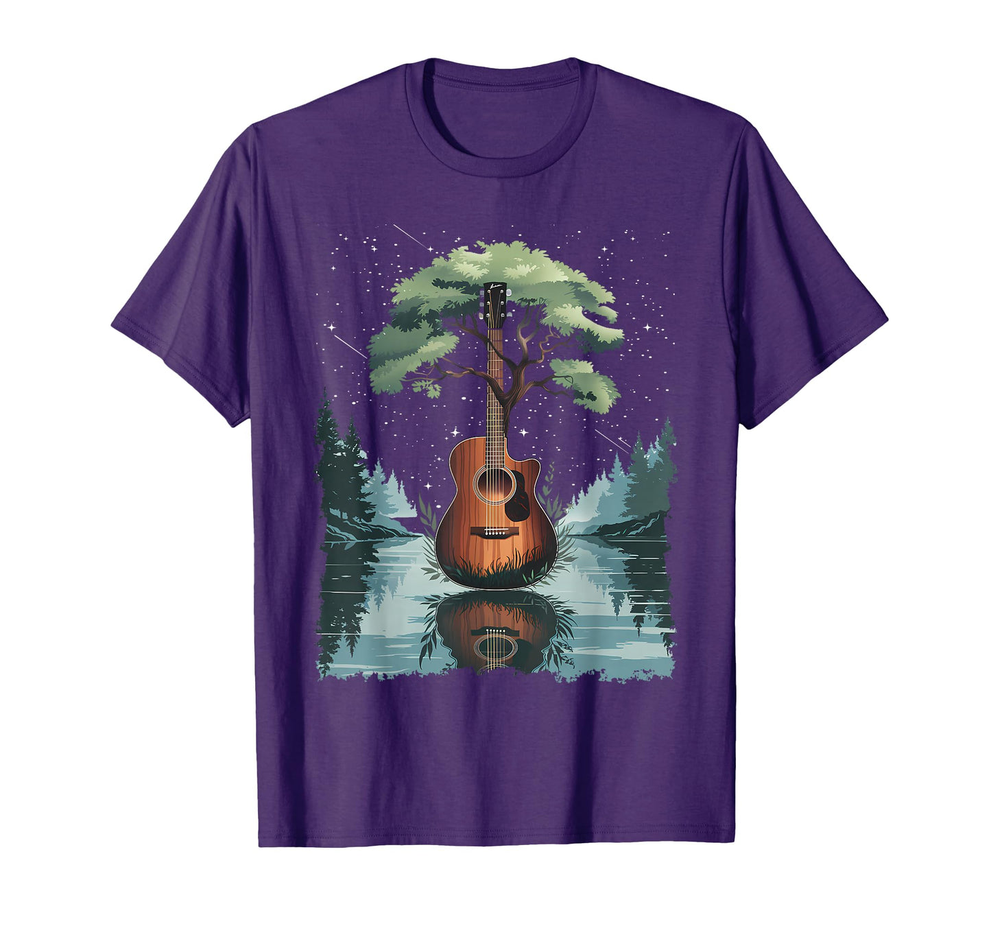 Acoustic Guitar Tree and Moon By The Lake Guitarist T-Shirt
