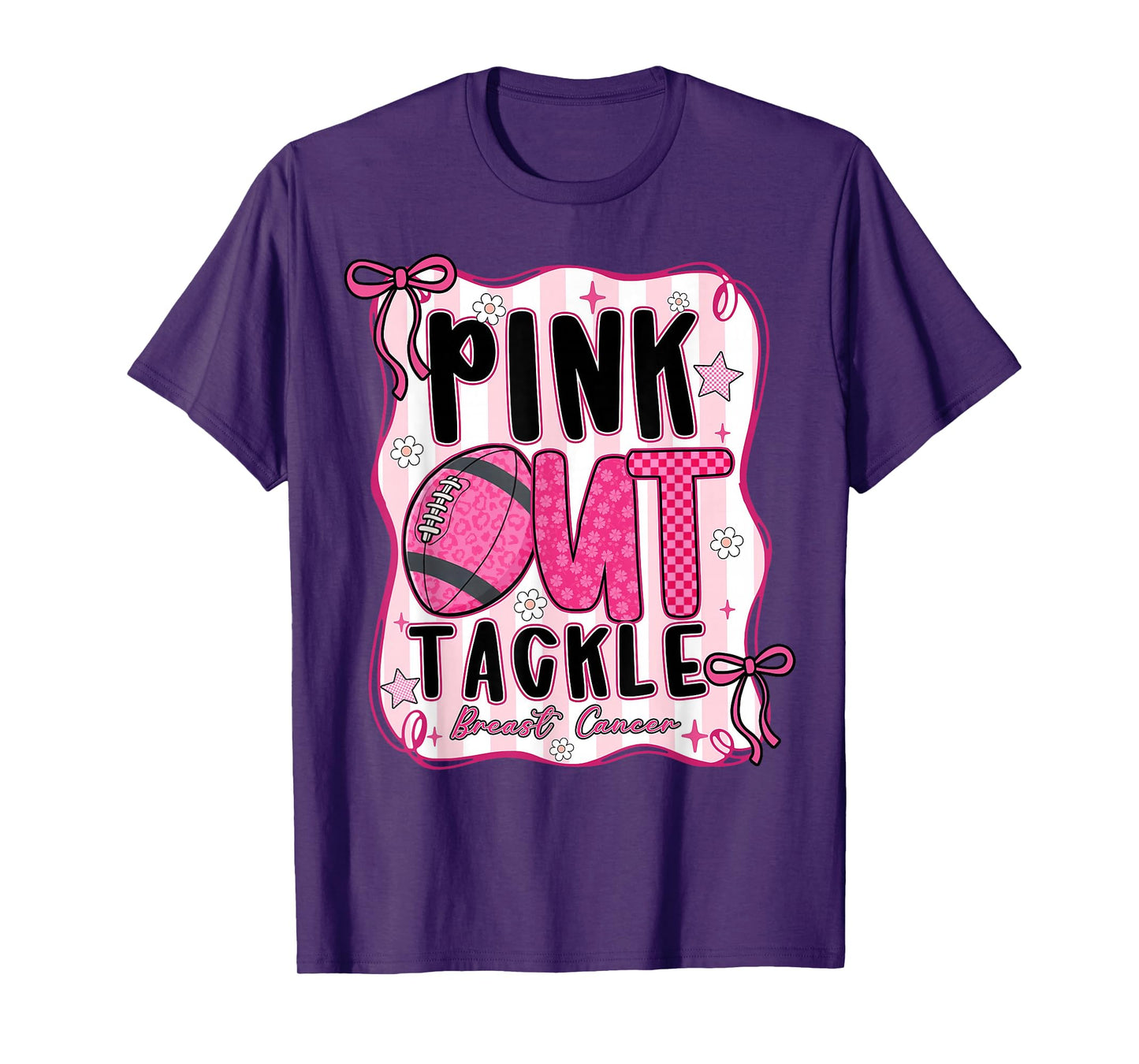 Coquette Bow Pink Out Tackle American Football Breast Cancer T-Shirt