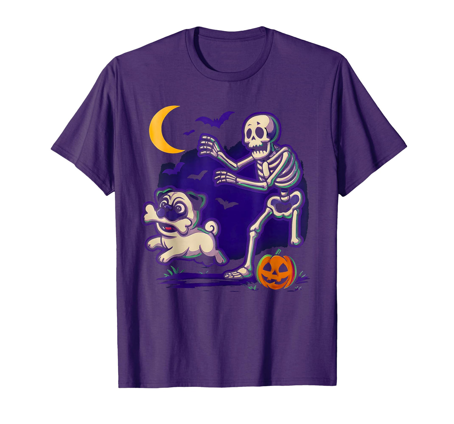 Halloween Funny Pug Steals Bone from Skeleton Dog Lovers Tee T-Shirt