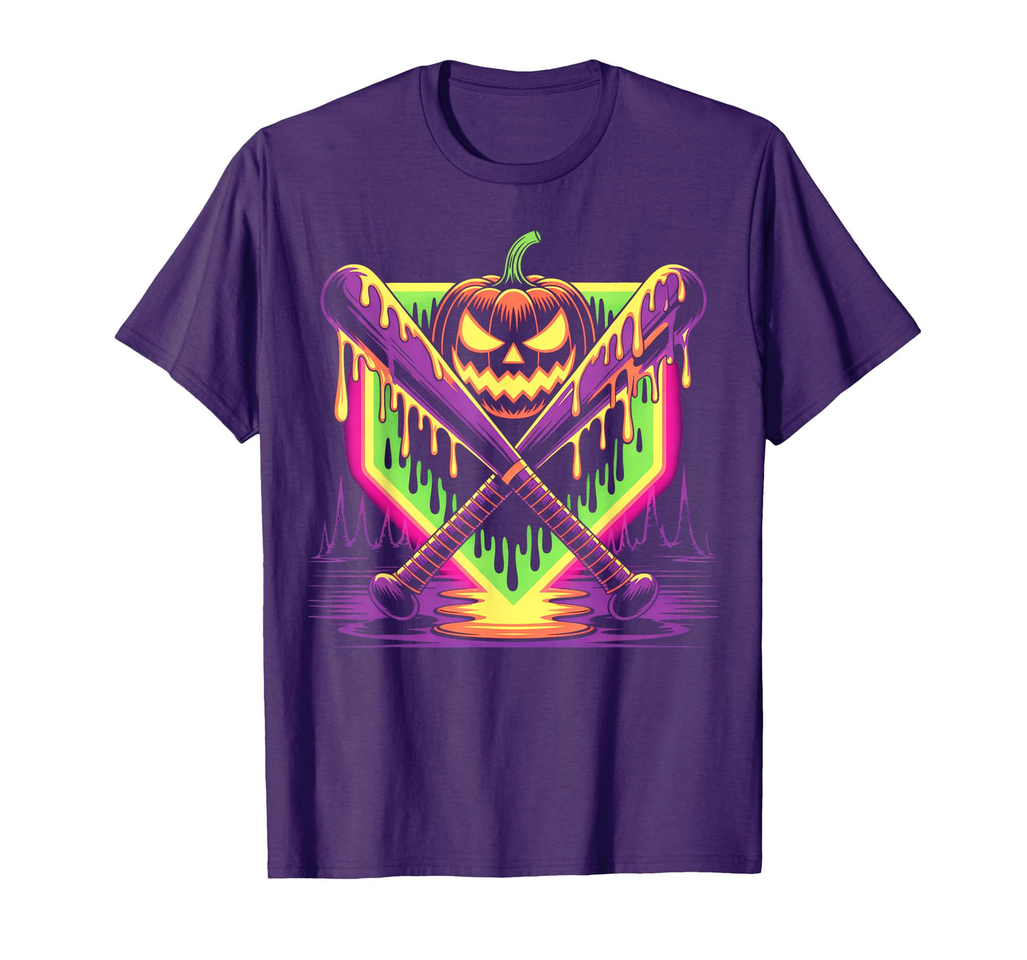 Halloween Pumpkin Baseball Crossed Bats Dripping Horror T-Shirt