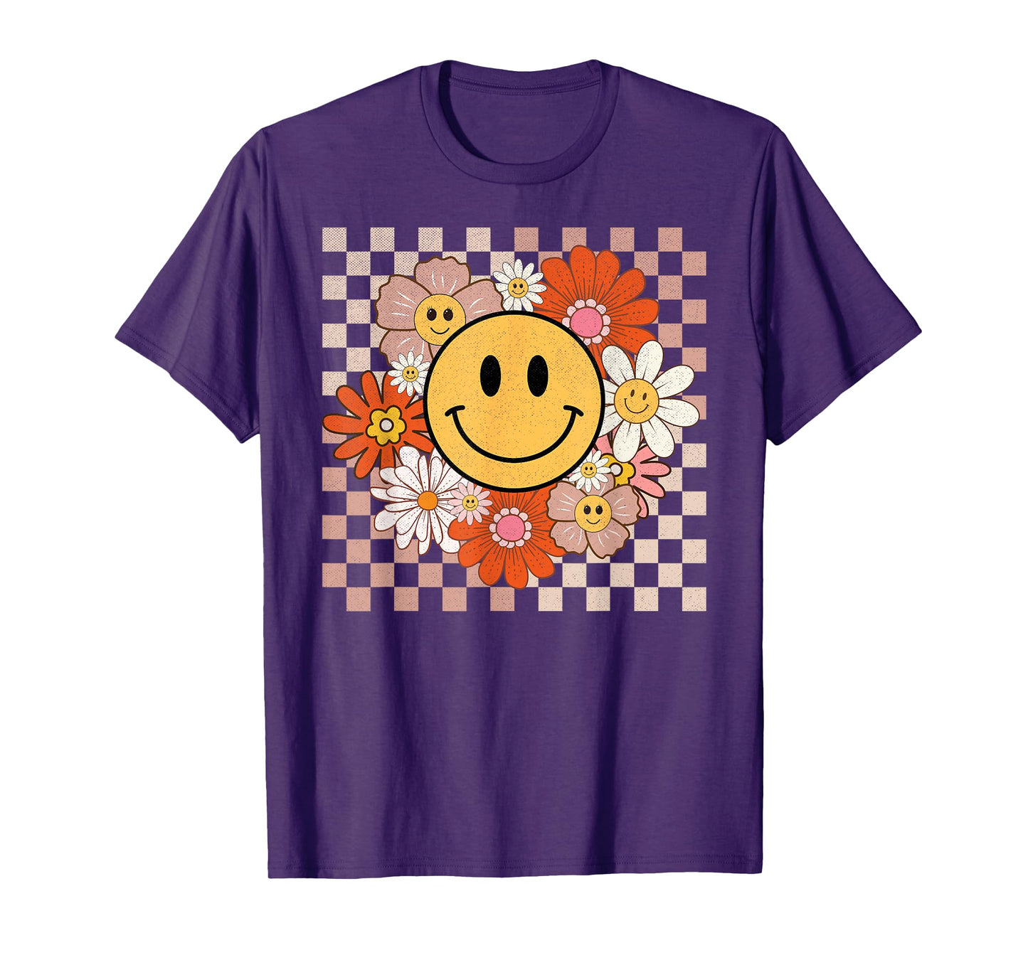 Retro Groovy Smile Happy Face Flowers Checkered 70s Hippie T-Shirt