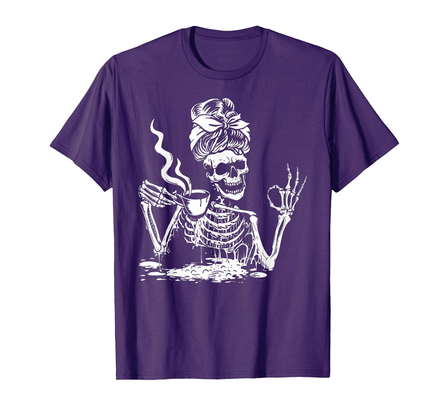 Skeleton Drinking Coffee Messy Bun Women Halloween Skeleton T-Shirt