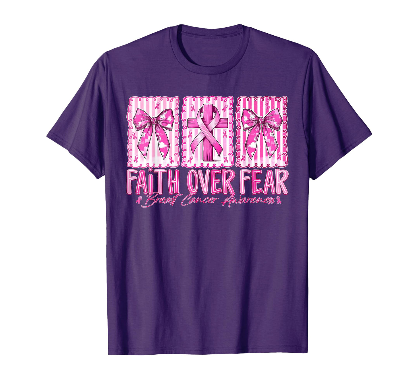 Preppy Faith Over Fear Breast Cancer Bow Warrior Christian T-Shirt