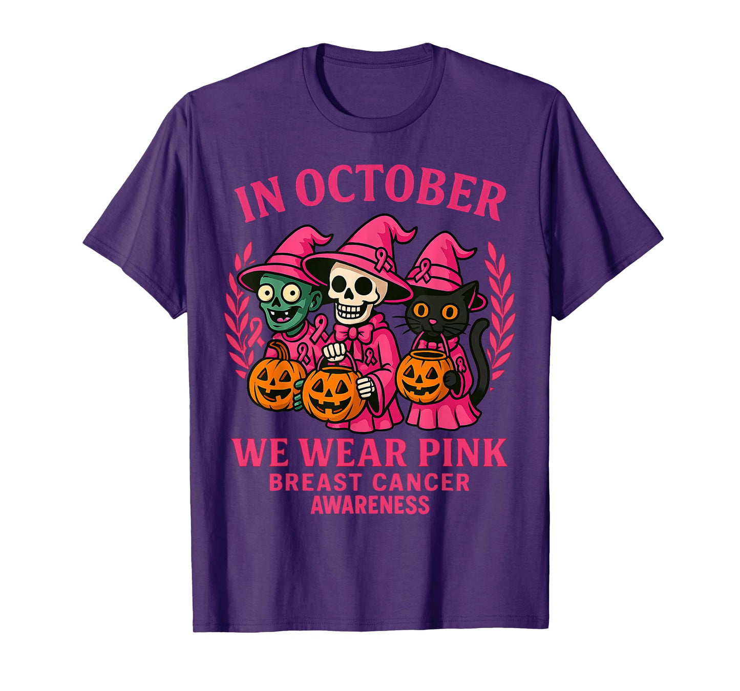 in October We Wear Pink Funny Zombie Skeleton & Black Cat T-Shirt
