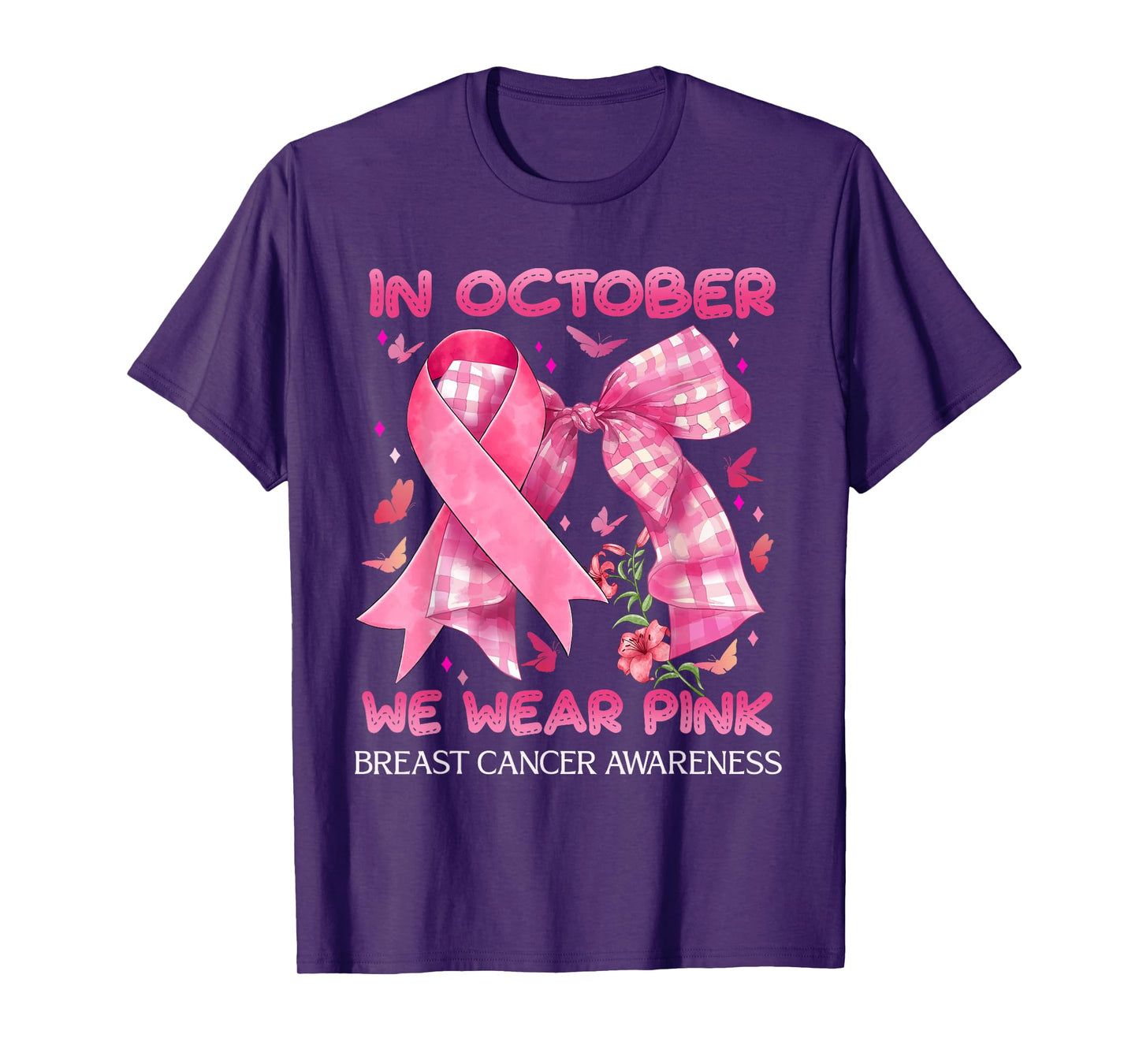 in October We Wear Pink Coquette Bow Breast Cancer Awareness T-Shirt