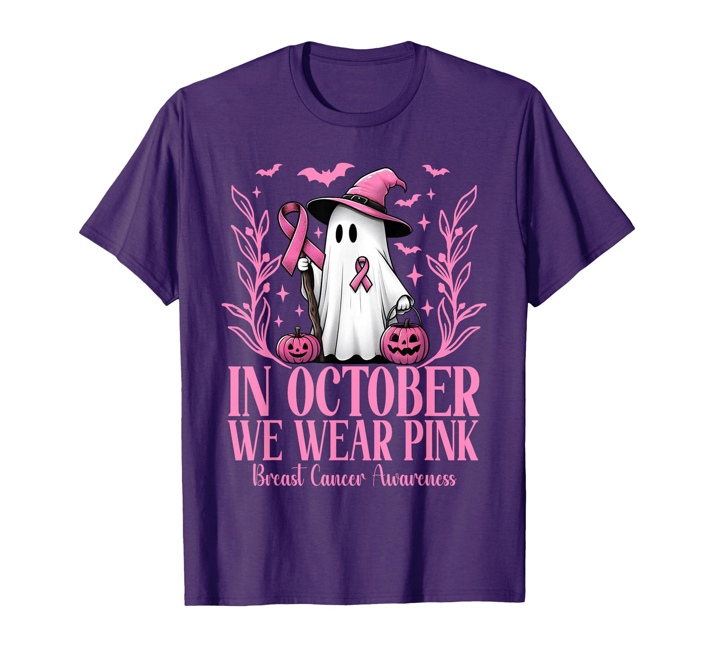In October We Wear Pink Breast Cancer Witch Ghost Halloween T-Shirt