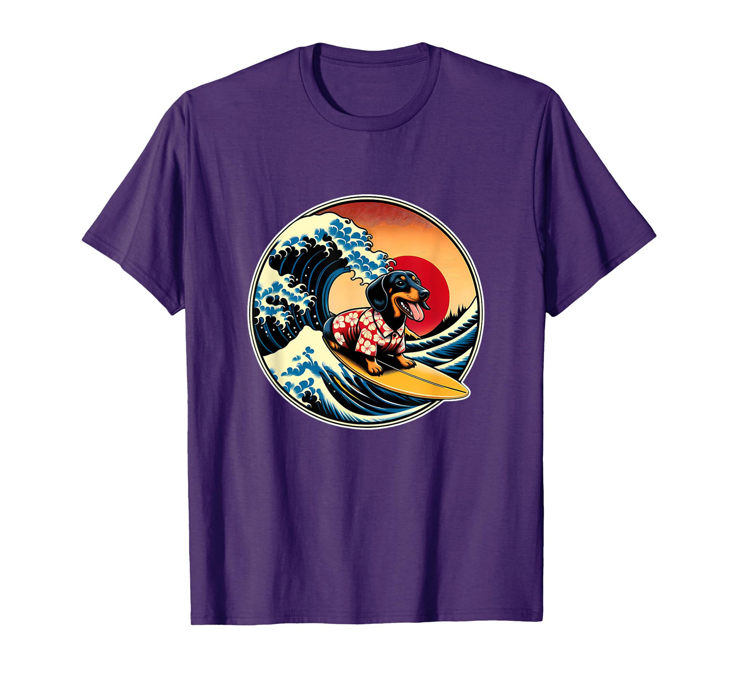 Great Wave Kanagawa Weiner Dachshund Dog Surfing Men Women Kids T-Shirt