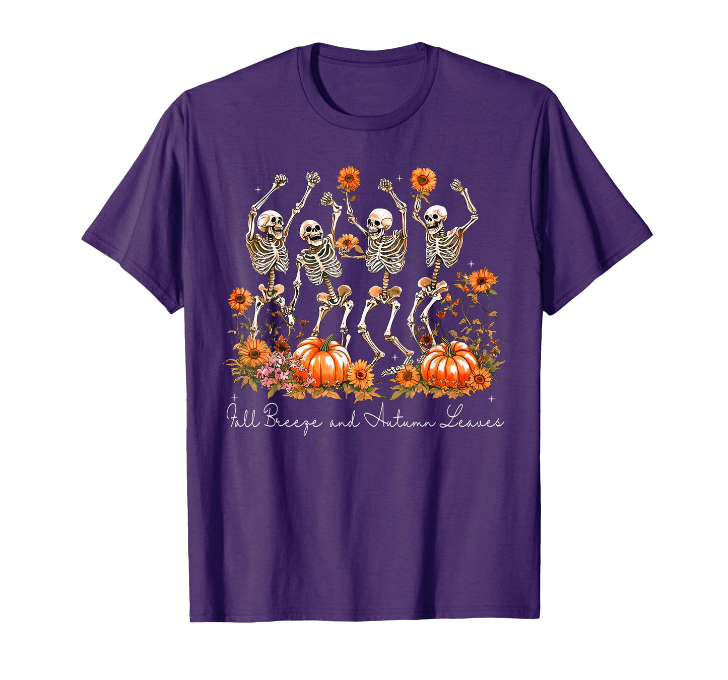 Fall Breeze and Autumn Leaves Dancing Skeleton Halloween T-Shirt