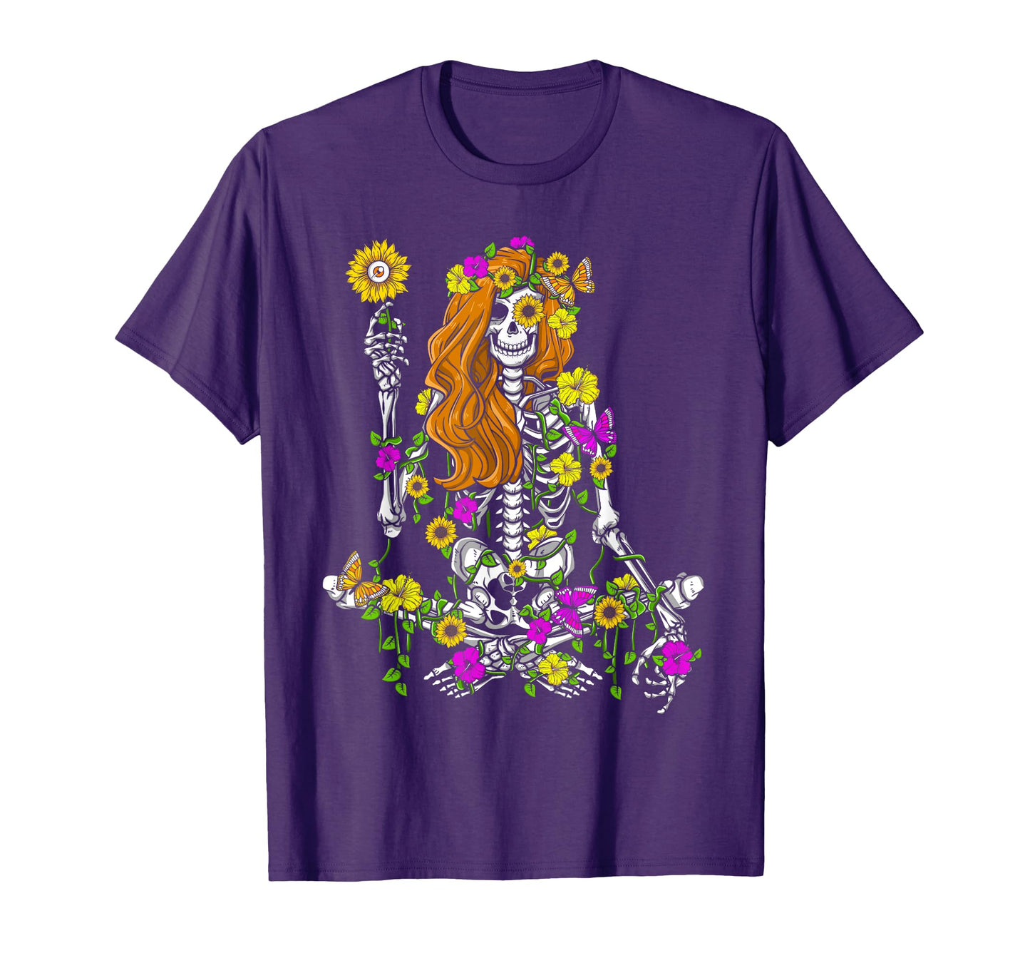 Skeleton Hippie Flowers Sunflower Lover Women Halloween T-Shirt