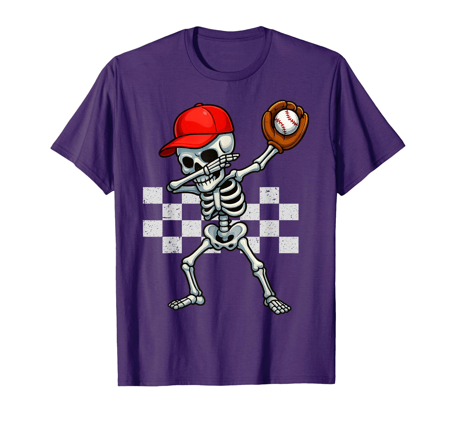 Baseball Skeleton Dabbing Checkered Sports Player T-Shirt