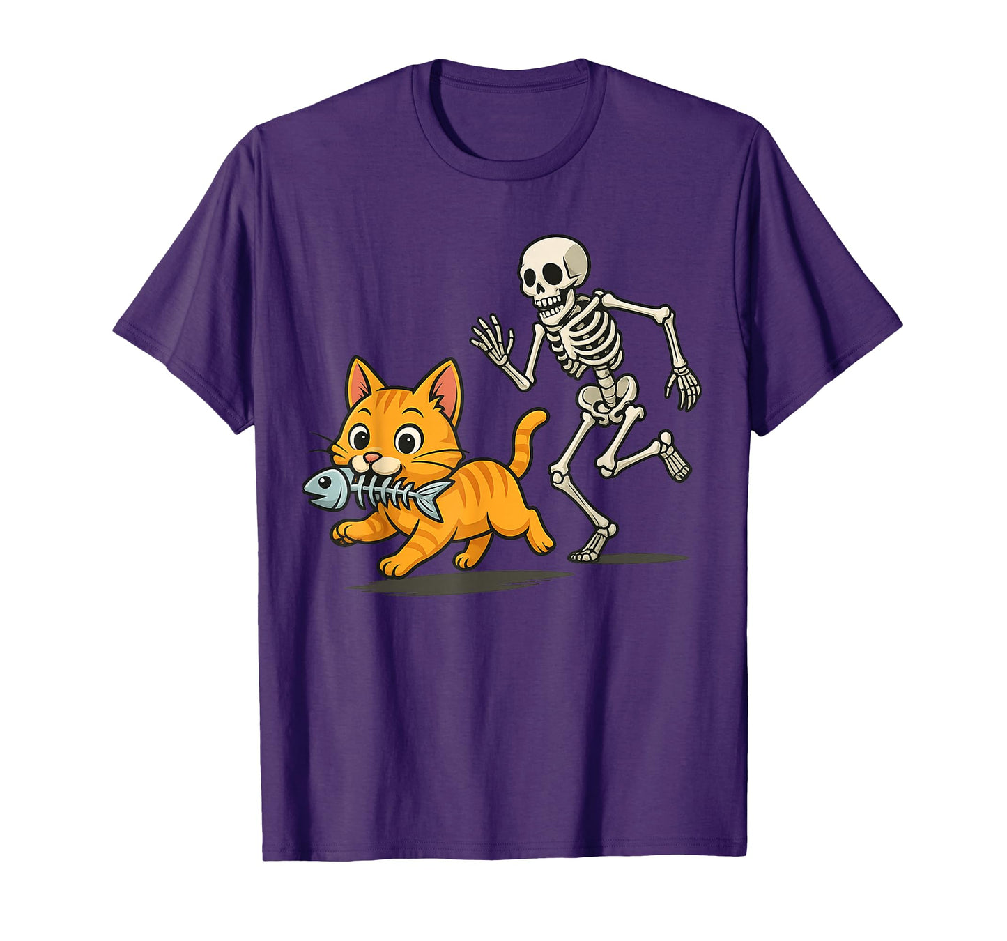 Funny Cat and Skeleton Chase Halloween Design for Pet Lovers T-Shirt