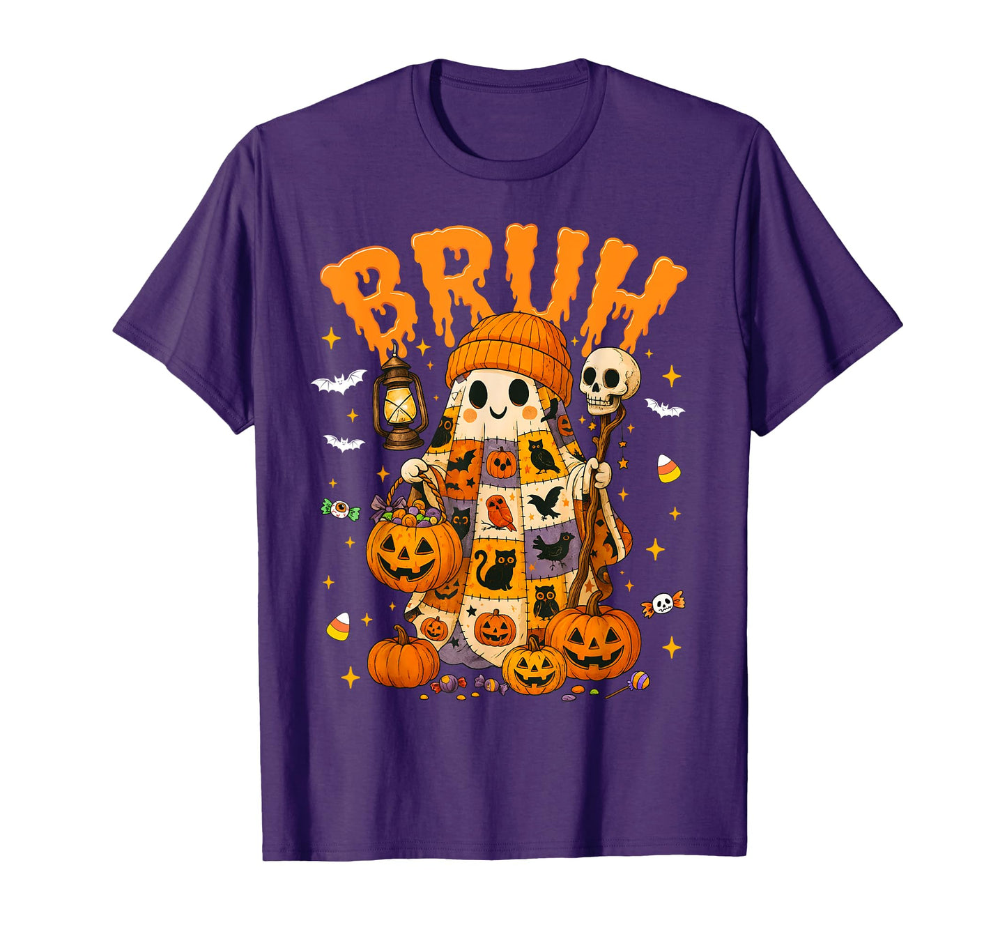 Patchwork Ghost Trick Or Treat Bruh Halloween Candy Kids T-Shirt