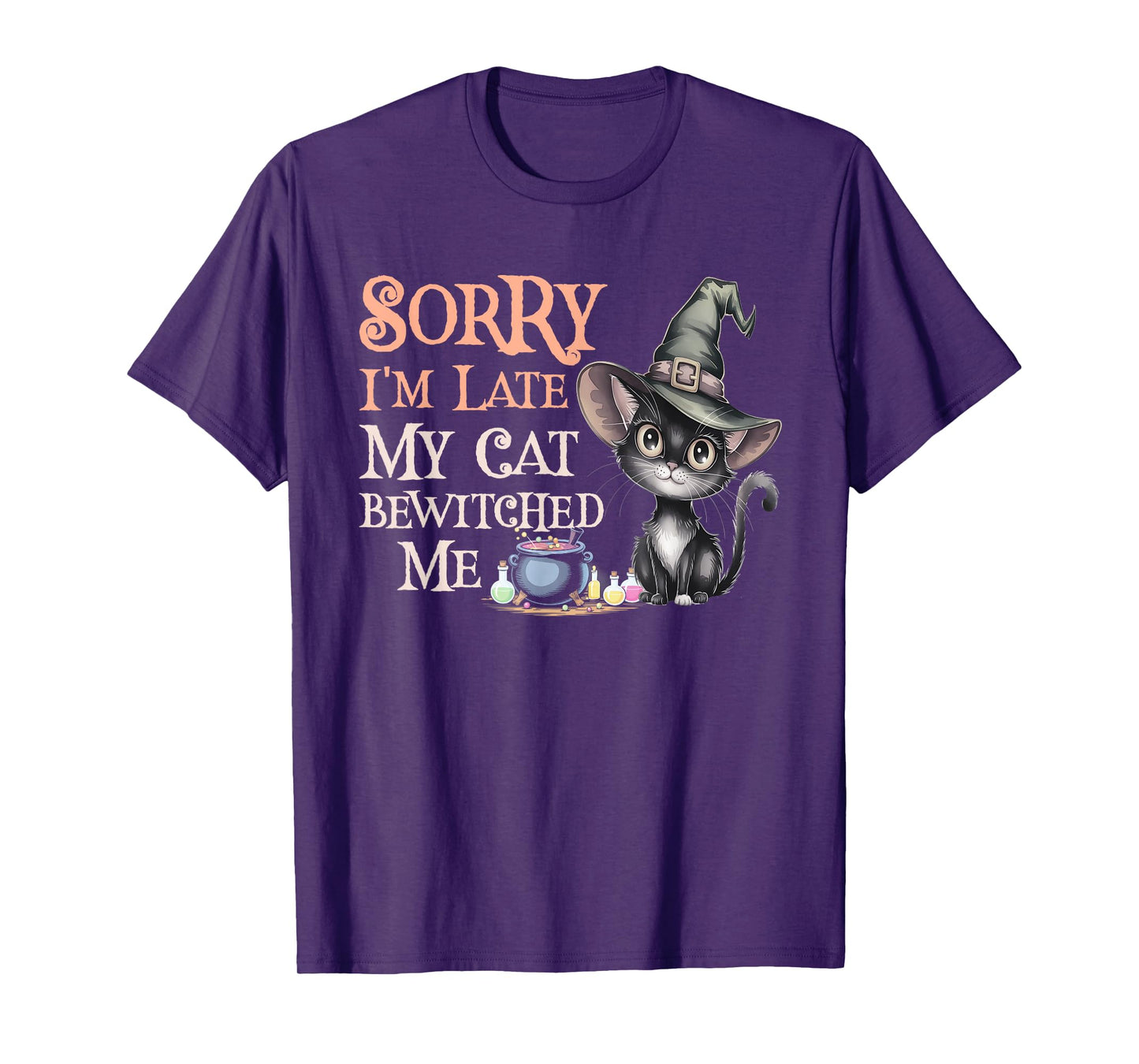 Kawaii Sorry Late My Cat Witch Bewitched Spooky Witches Crew T-Shirt