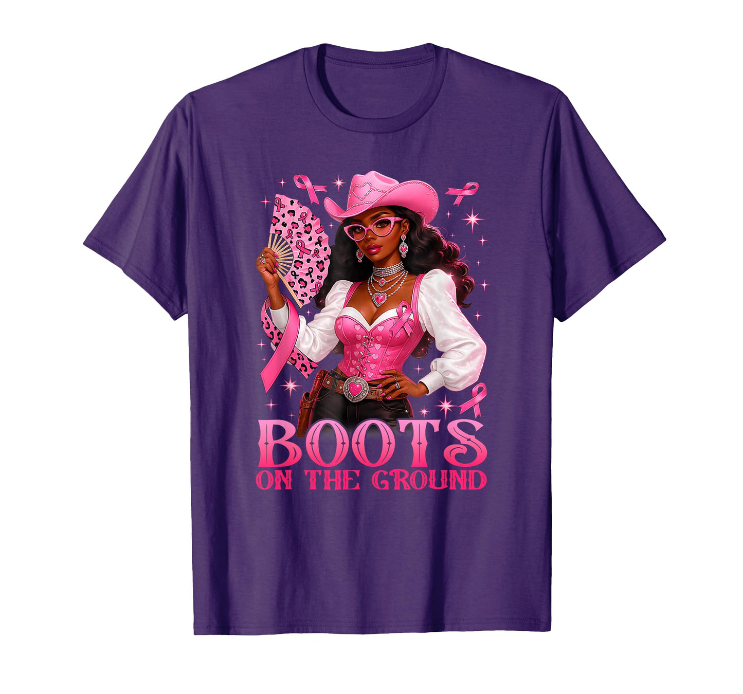 Boots On The Ground Pink Cowgirl Breast Cancer Western Women T-Shirt