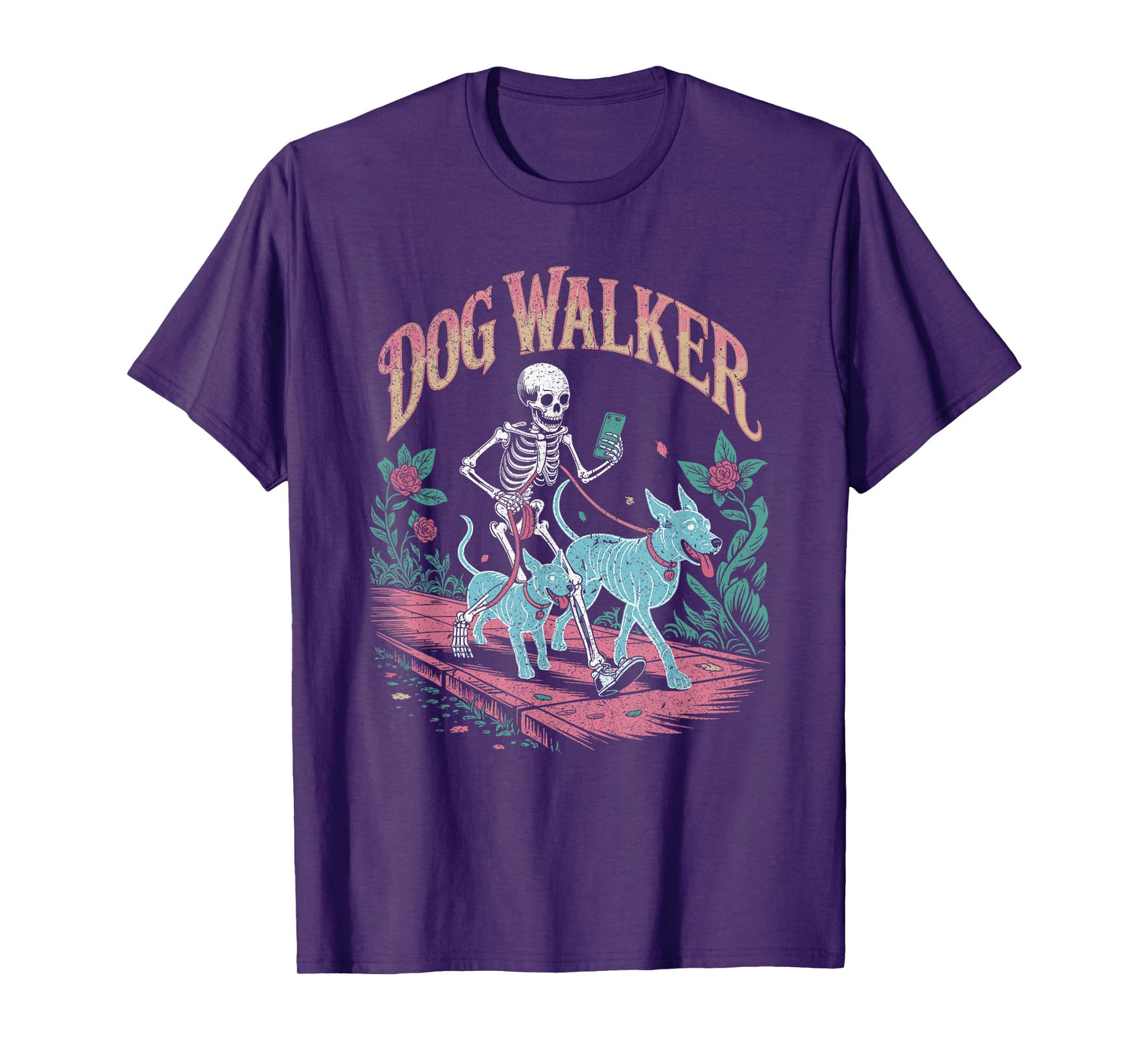 Skeleton Dog Walker with Ghost Dogs Funny Halloween Spooky T-Shirt