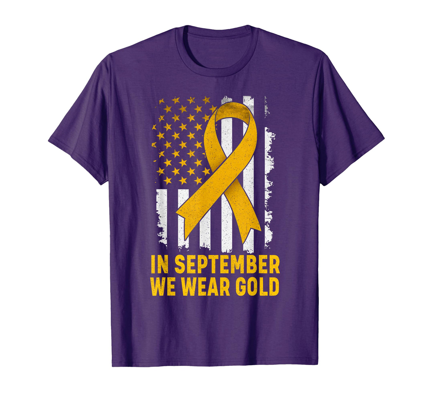 in September We Wear Gold Us Flag Childhood Cancer Awareness T-Shirt