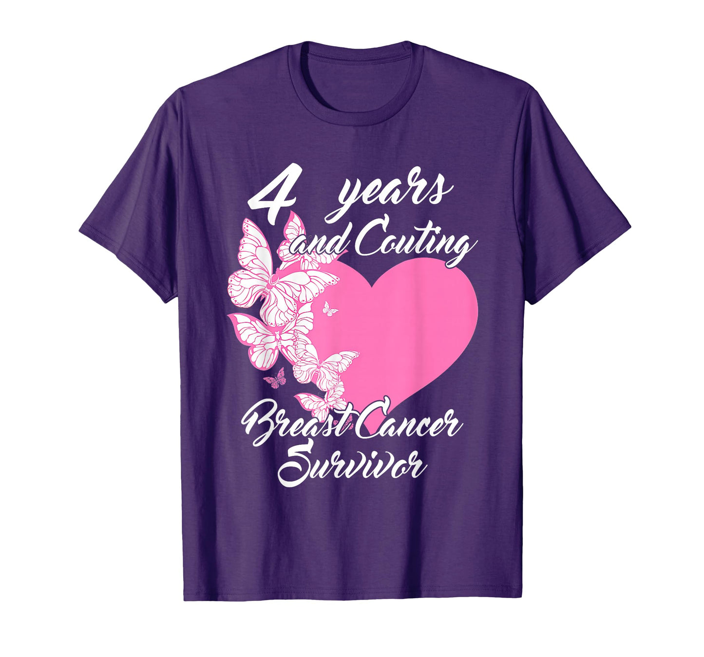 Survivor 4 Years Cancer Free Breast Cancer Butterfly Heart T-Shirt
