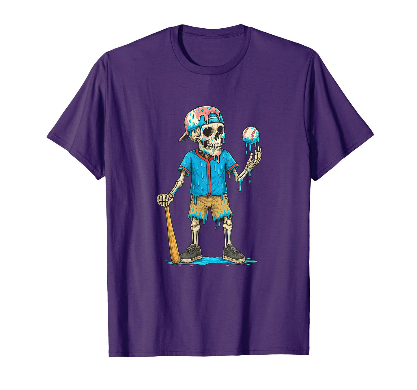 Funny Baseball Skeleton Ice Cream Drip Spooky Halloween T-Shirt
