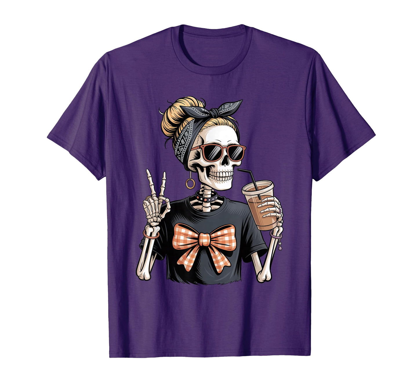 Skeleton Girl Drinking Coffee Peace Sign Graphic for Women T-Shirt