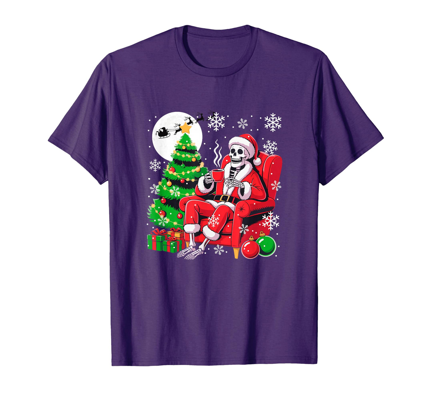 Santa Skeleton Drinking Coffee Xmas Tree Colorful Lights T-Shirt