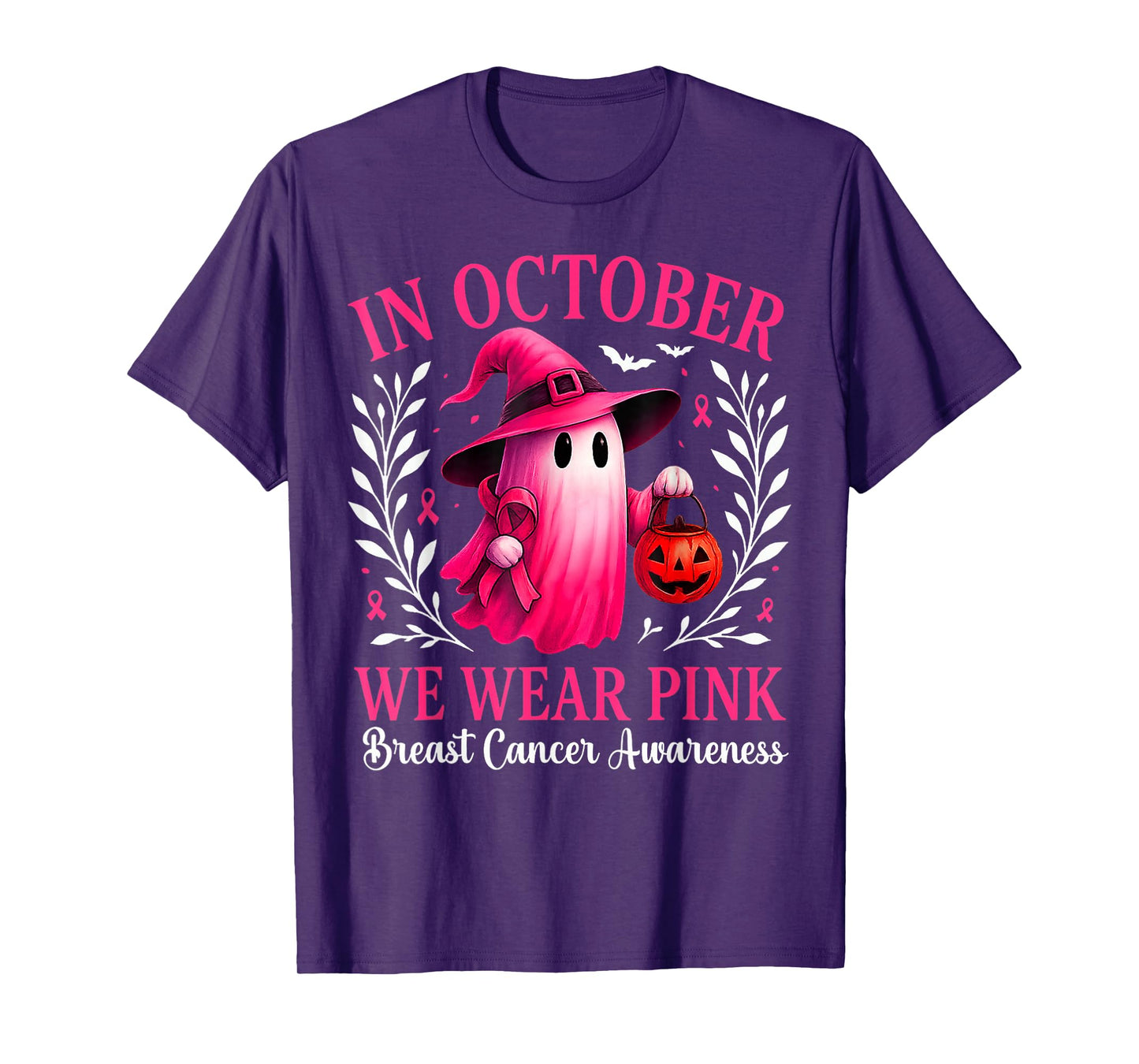 in October We Wear Pink Ghost Witch Breast Cancer Awareness T-Shirt