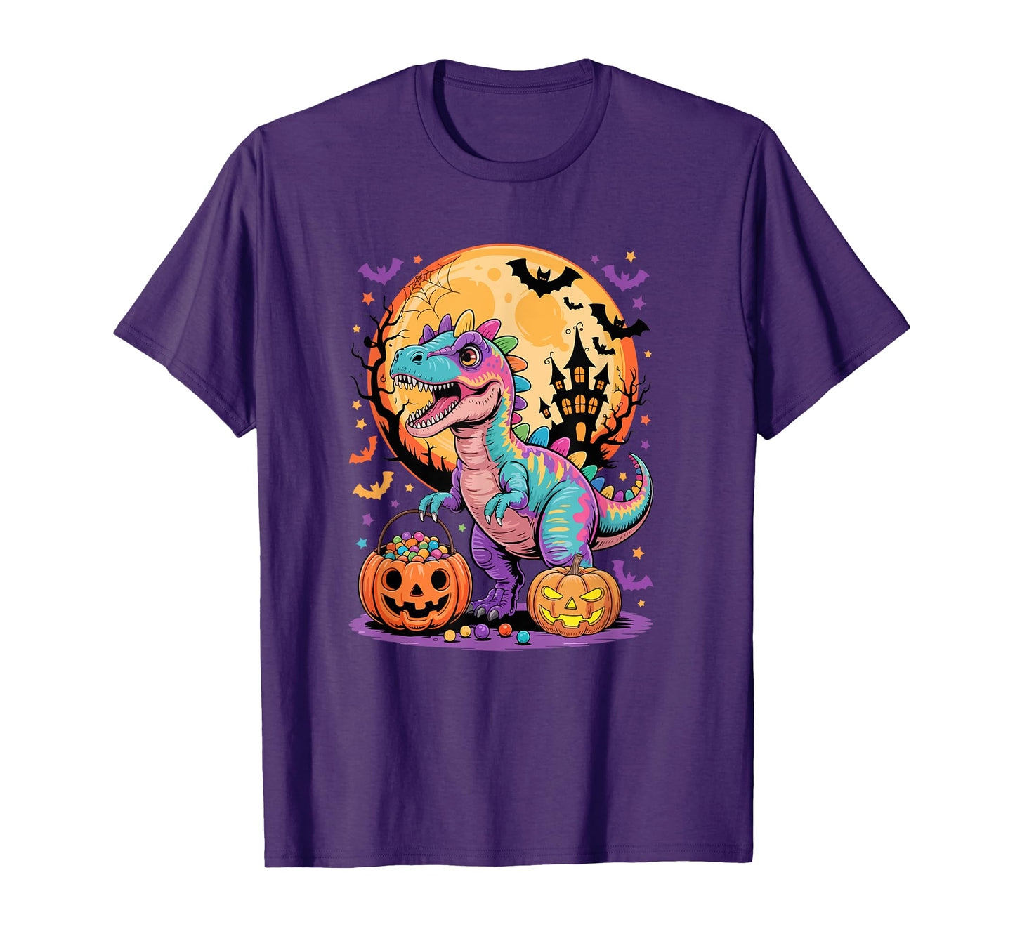 Colorful T-Rex Carved Pumpkin Basket Candies Lover Kids T-Shirt