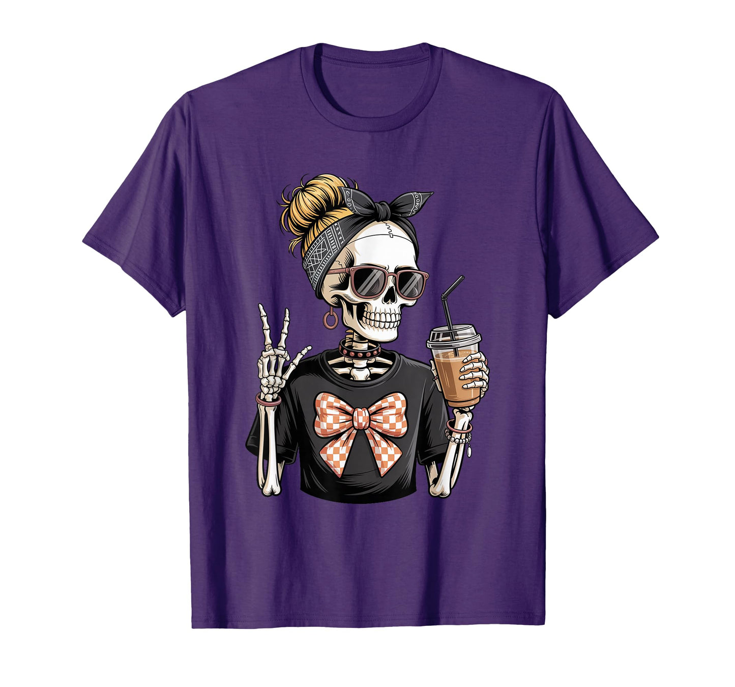 Skeleton Girl Drinking Coffee Peace Sign Graphic for Women T-Shirt