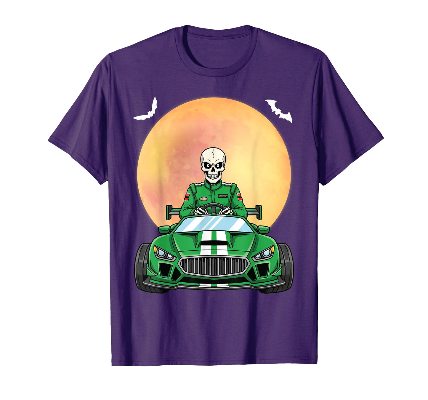 Funny Skeleton Racer Auto Racing Halloween Under Full Moon T-Shirt