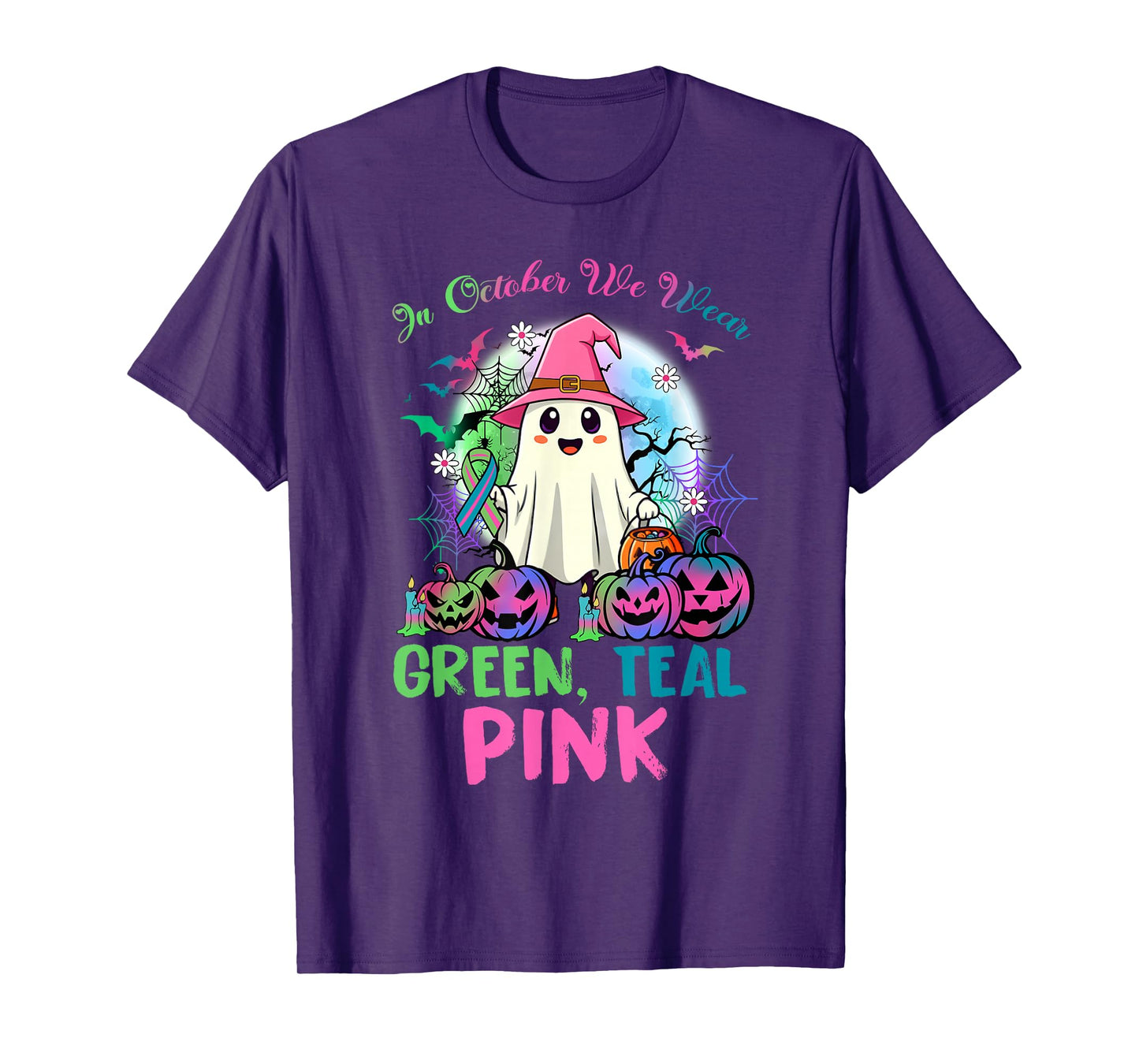 in October We Wear Teal Pink Halloween Metastatic Breast Can T-Shirt