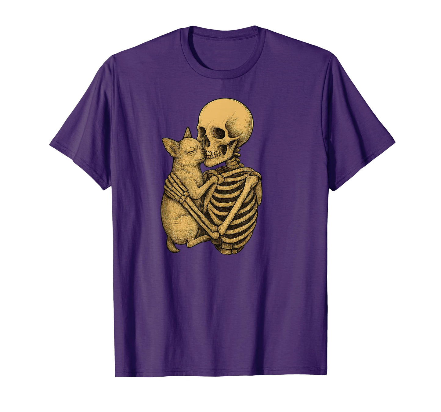 Skeleton Hugging Chihuahua Dog Halloween T-Shirt