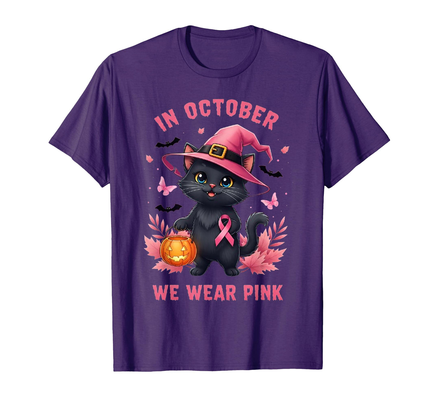 Fun Cat Pink Ribbon in October We Wear Pink Breast Cancer T-Shirt