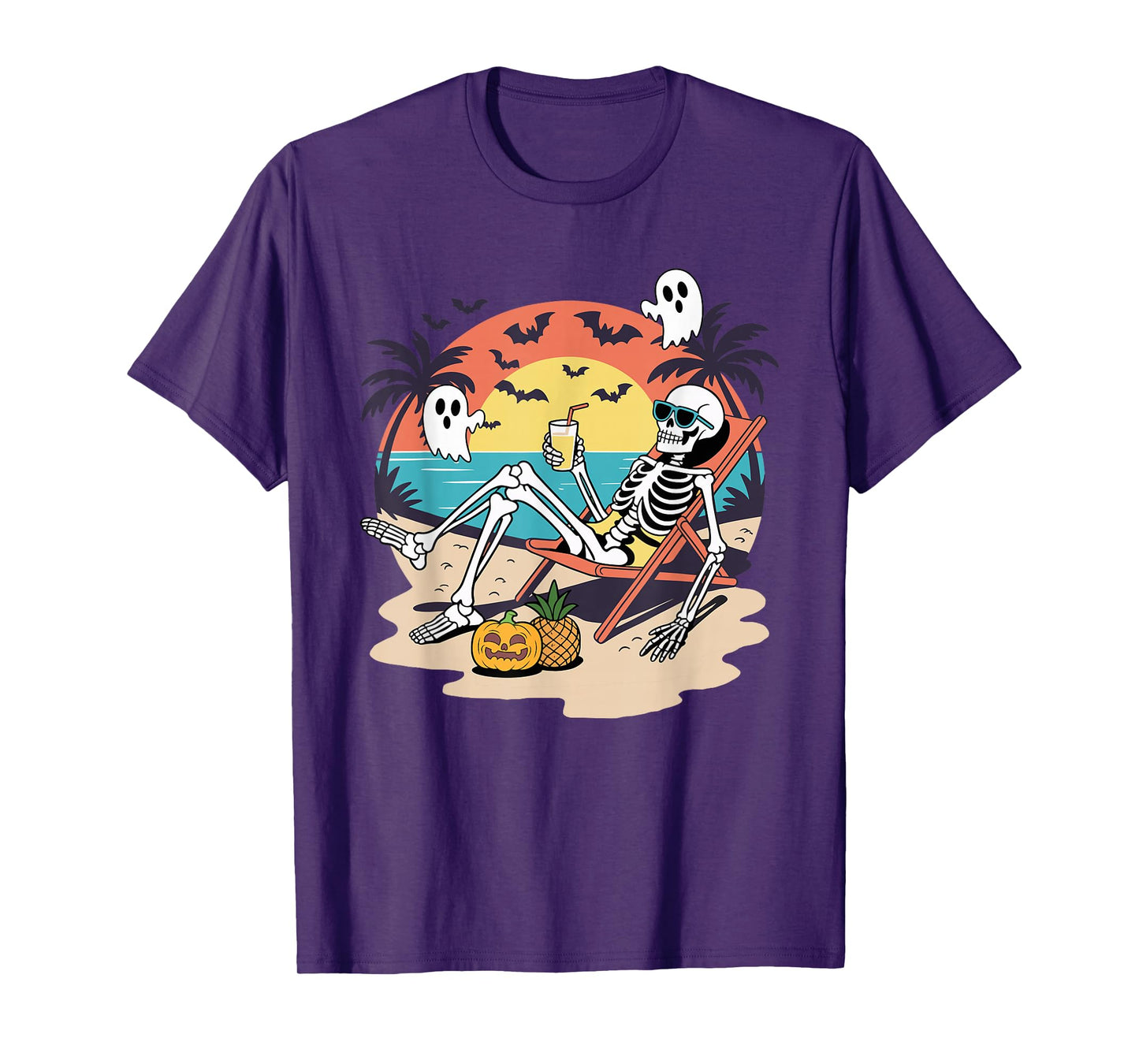 Skeleton Relaxing on Beach with Pumpkin T-Shirt