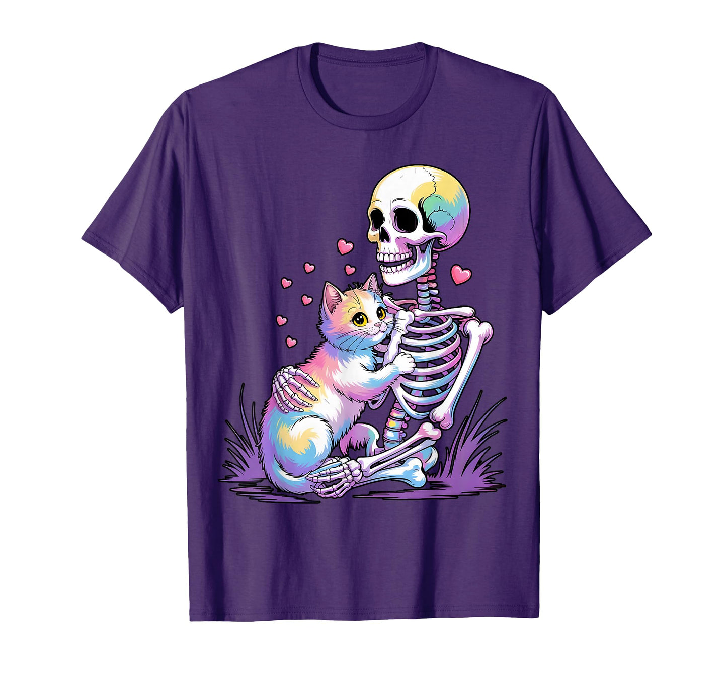 Skeleton Hugging Cat Funny Halloween Cat Lover Cat Mom Dad T-Shirt