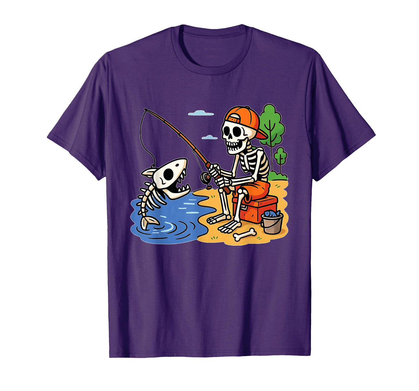 Skeleton Fishing a Shark Halloween Costume Funny Fishing T-Shirt