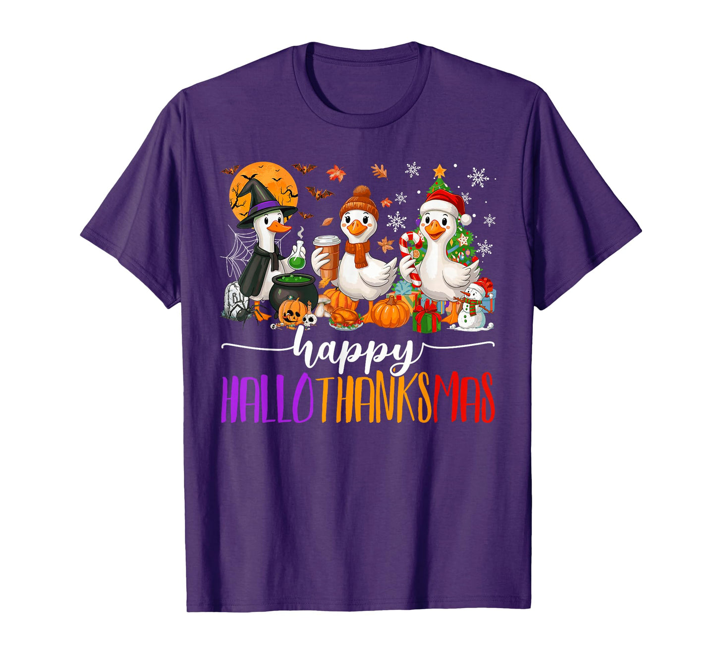 Happy Hallothanksmas Gooses Halloween Thanksgiving Christmas T-Shirt