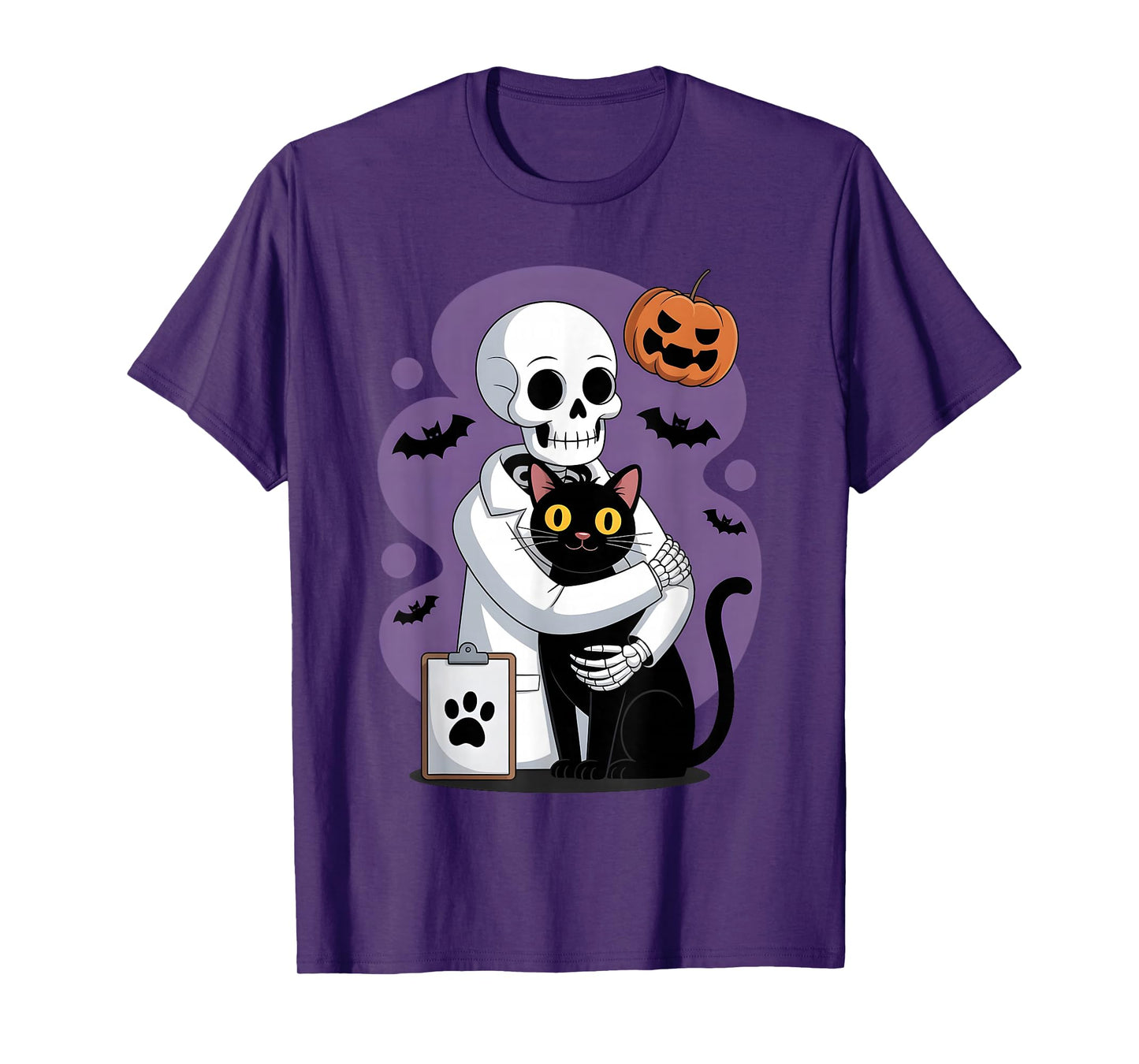 Skeleton Hugging Cat Funny Vet Cat Lover Halloween Men Women T-Shirt