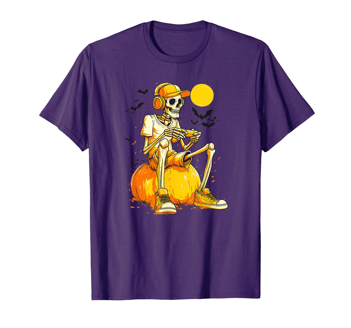 Gamer Skeleton on Pumpkin Halloween Design T-Shirt