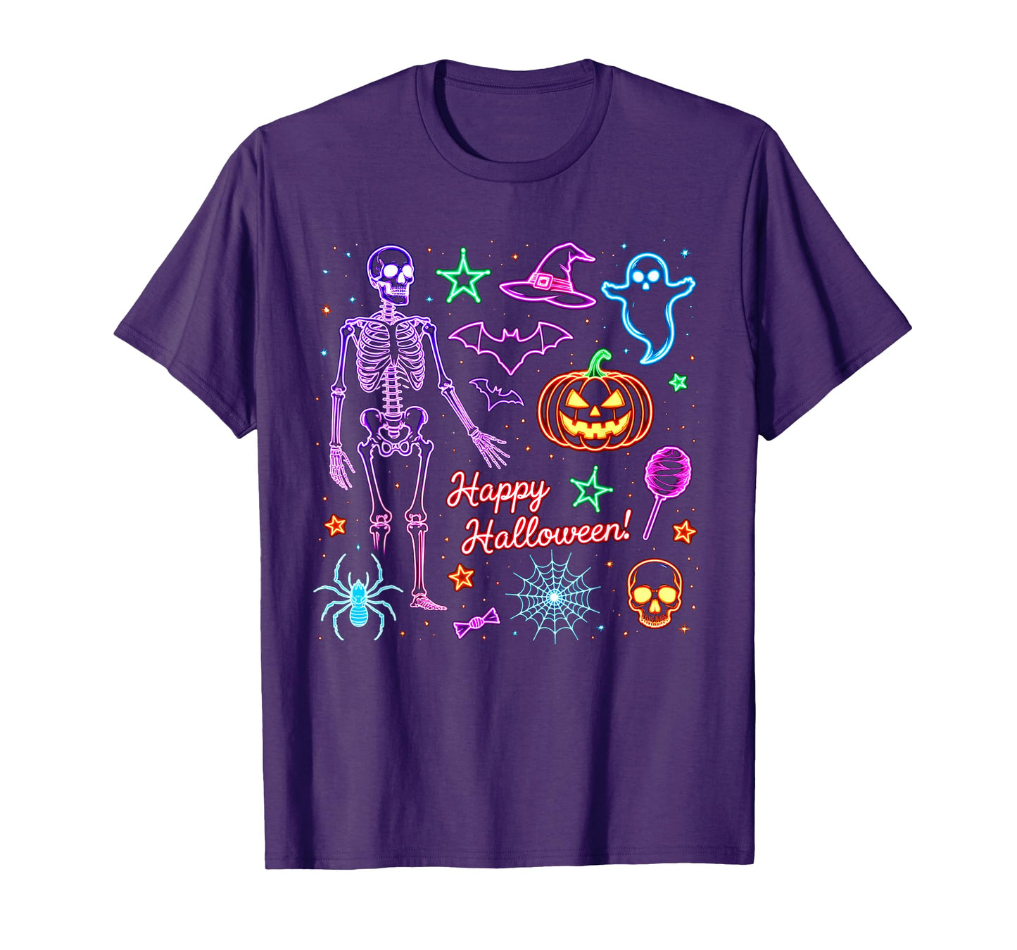 Happy Halloween 2025 Skeleton Ghost Pumpkin Bats Black Cat T-Shirt