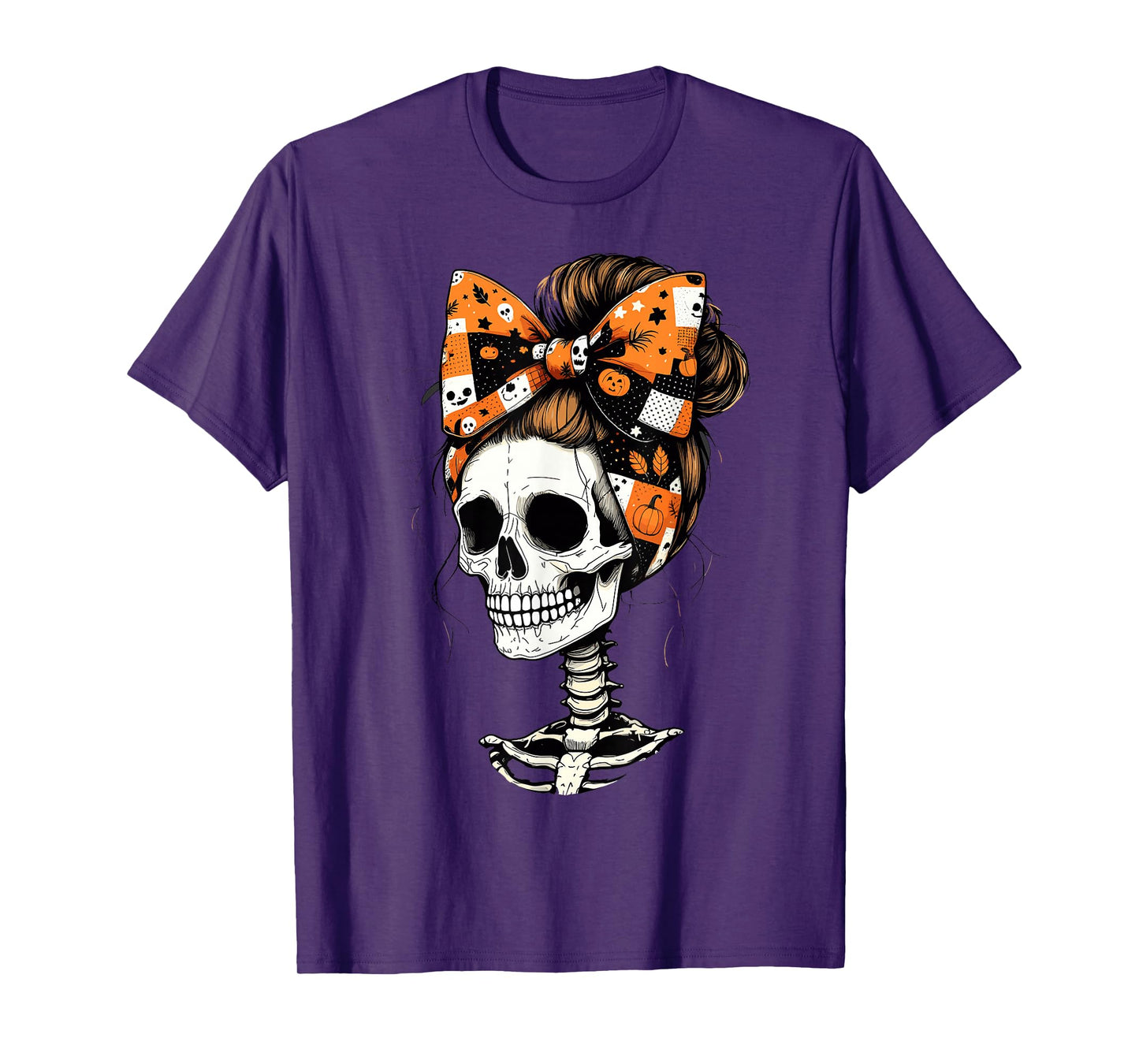 Funny Halloween Skeleton Girl Skull with Pumpkin Bow Spooky T-Shirt