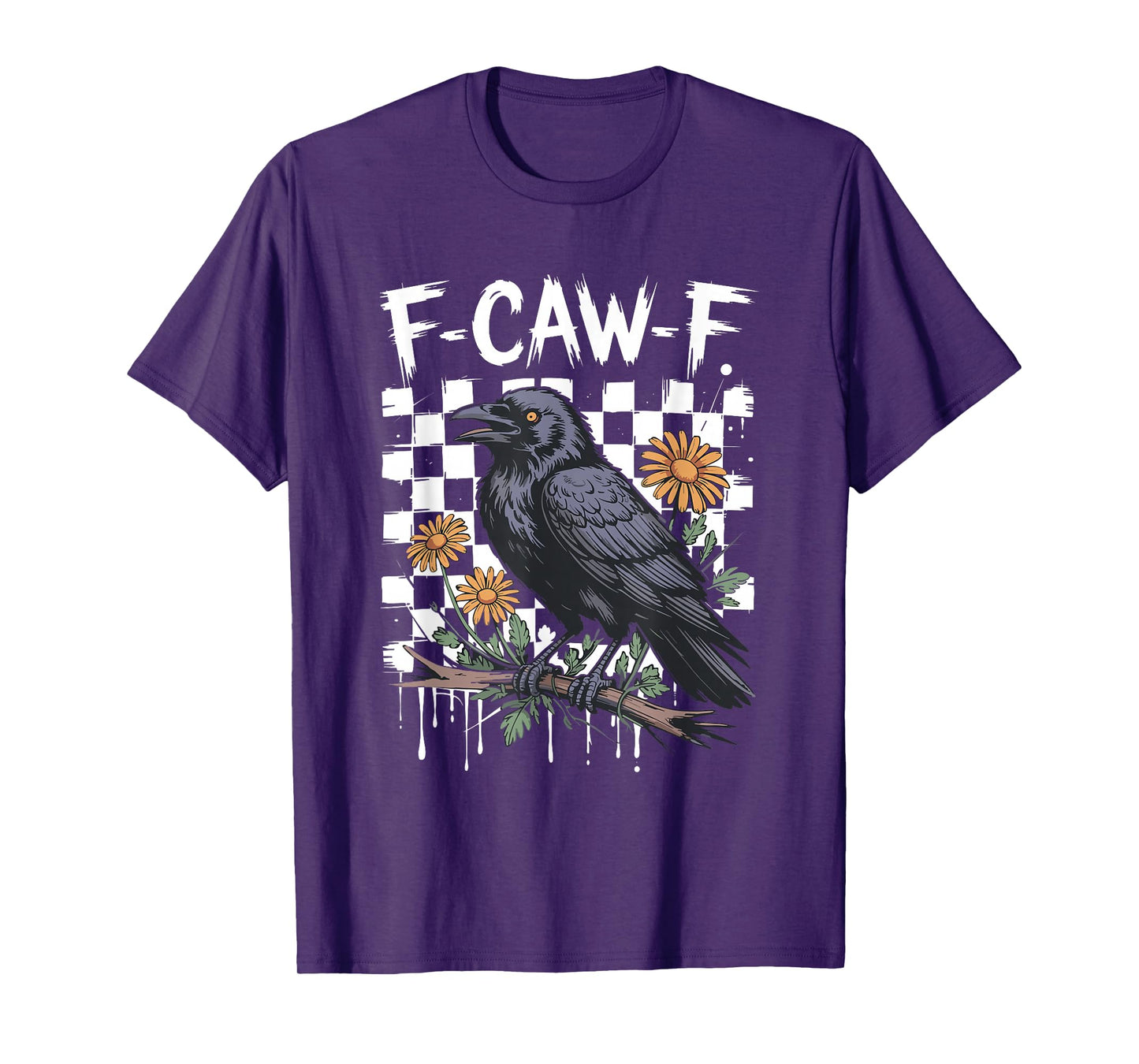 Checkered Floral Crow Raven F-CAW-F Halloween Dark Bird T-Shirt