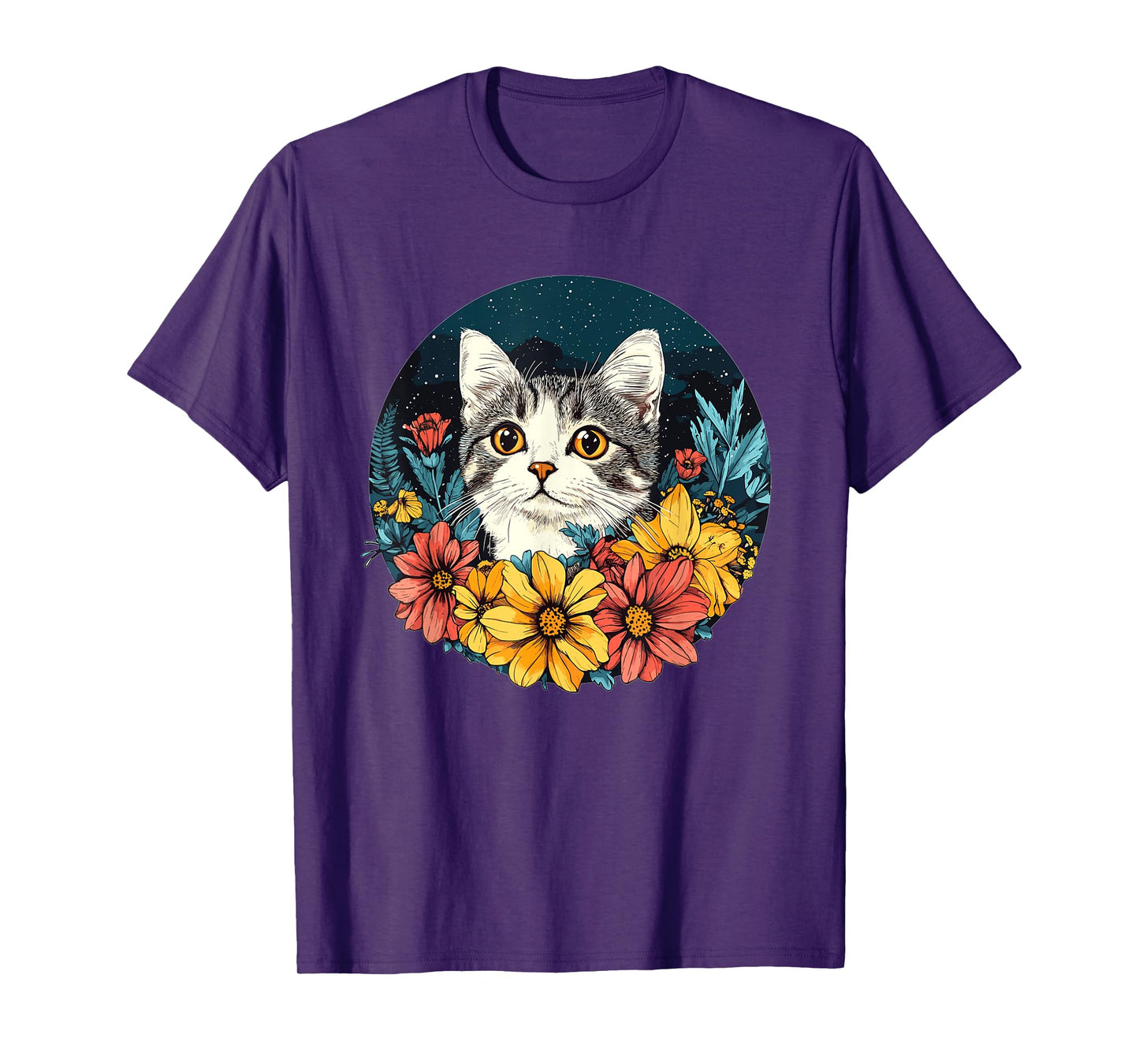 Cute Cat With Flowers Vintage Floral Art T-Shirt