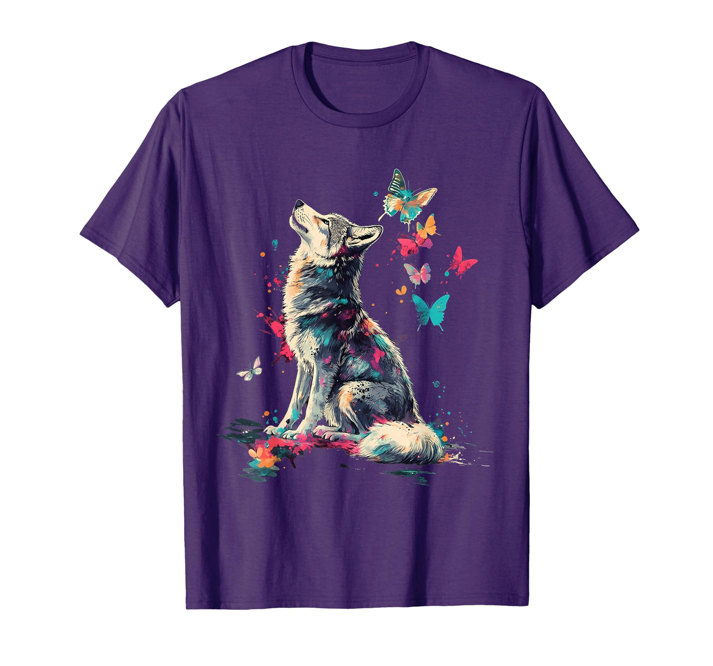 Wolf Art Animal Butterflies T-Shirt