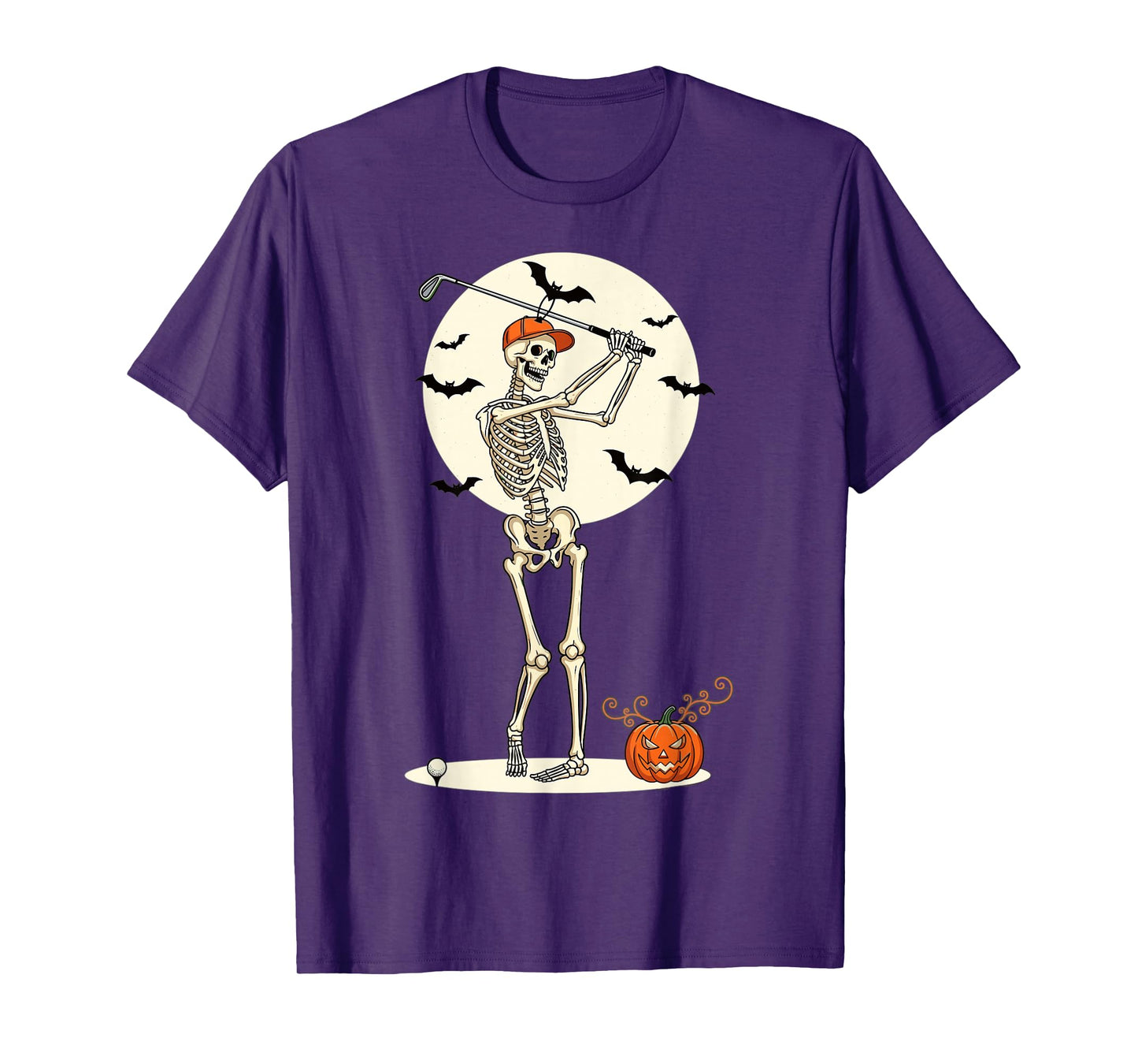 Halloween Skeleton Golf Swing Pumpkin Moon Scene T-Shirt