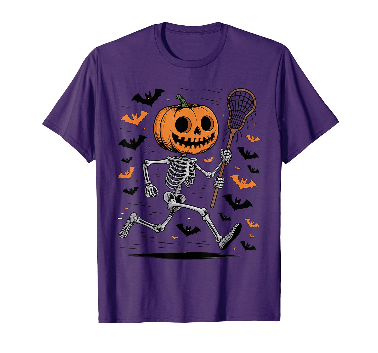 Pumpkin Skeleton Playing Lacrosse Halloween Spooky Season T-Shirt
