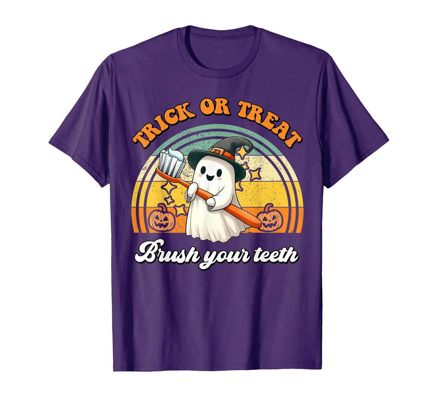 Trick Or Treat Brush Your Teeth Retro Halloween Cute Dentist T-Shirt